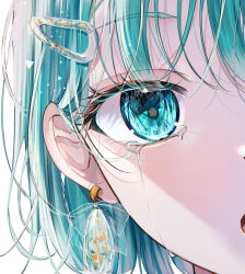 Rule 34 | 1girl, :o, aqua eyes, aqua hair, blush, choppy bangs, chromatic aberration, close-up, commentary, crying, crying with eyes open, earrings, eyelashes, hair ornament, hairclip, jewelry, light particles, looking at viewer, mahiru yura, open mouth, original, simple background, solo, streaming tears, symbol-only commentary, tears, white background