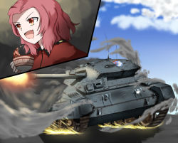 Rule 34 | 10s, 1girl, bad id, bad pixiv id, brown eyes, cloud, cloudy sky, crusader (tank), day, dust cloud, emblem, epaulettes, firing, girls und panzer, holding, inset, jacket, kurotora, long sleeves, military, military uniform, military vehicle, motor vehicle, open mouth, outdoors, parted bangs, red hair, red jacket, rosehip (girls und panzer), short hair, sky, smile, smoke, solo, sparks, spilling, st. gloriana&#039;s (emblem), st. gloriana&#039;s military uniform, tank, tea, uniform