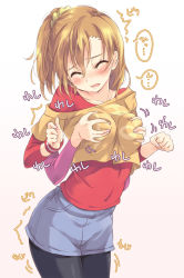 Rule 34 | 10s, 1girl, blush, grabbing another&#039;s breast, breasts, brown hair, closed eyes, clothes writing, collarbone, covered navel, grabbing, gradient background, kosaka honoka, pantyhose under shorts, long hair, love live!, love live! school idol project, off-shoulder shirt, off shoulder, open mouth, pantyhose, pantyhose under shorts, scrunchie, shirt, shorts, side ponytail, solo, solo focus, tojo nozomi, yagyuu hato, yuri