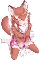 Rule 34 | 1girl, ^ ^, animal ears, artist request, blush, breasts, brown hair, closed eyes, fang, full body, fur collar, fur trim, gloves, gradient legwear, happy, highres, japanese wolf (kemono friends), kemono friends, medium breasts, multicolored hair, open mouth, simple background, sitting, skin fang, smile, solo, tail, two-tone hair, wariza, white background, white gloves, white hair, wolf ears, wolf girl, wolf tail