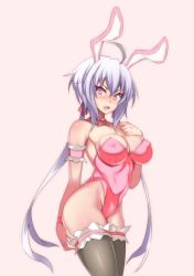 Rule 34 | 1girl, ahoge, animal ears, bare shoulders, blush, breasts, cleavage, commentary, covered erect nipples, fake animal ears, hevn, large breasts, leotard, long hair, looking at viewer, low twintails, pink leotard, playboy bunny, purple eyes, senki zesshou symphogear, shiny skin, silver hair, simple background, solo, standing, strapless, strapless leotard, thighhighs, twintails, very long hair, yukine chris