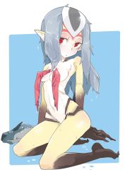 Rule 34 | 1girl, ao no roku-gou, breasts, colored skin, female focus, fish, highres, kneeling, long hair, monster girl, mutio, nude, pointy ears, red eyes, silver hair, solo, tomatojam, wet, yellow skin