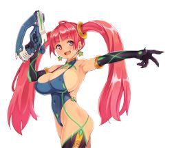 Rule 34 | 1girl, breasts, cleavage, covered erect nipples, covered navel, cowboy shot, earrings, elbow gloves, gloves, gun, holding, holding gun, holding weapon, jewelry, large breasts, long hair, looking at viewer, open mouth, outstretched arm, pink eyes, pink hair, ryoji (nomura ryouji), simple background, smile, solo, star (symbol), star earrings, thighhighs, twintails, weapon, white background