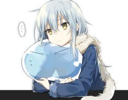 Rule 34 | 2others, androgynous, blue hair, cheek rest, closed mouth, dual persona, fur-trimmed jacket, fur-trimmed sleeves, fur collar, fur trim, hair between eyes, hug, jacket, long hair, long sleeves, mikoto kei, multiple others, rimuru tempest, scarf, slime (creature), smile, speech bubble, tensei shitara slime datta ken, very long hair, white background, yellow eyes