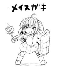 Rule 34 | 1girl, absurdres, ahoge, armor, blush, fang, full body, furrowed brow, gauntlets, greyscale, hair bobbles, hair ornament, highres, holding, holding mace, holding shield, legs apart, mace, mesugaki, monochrome, open mouth, original, poyo (hellmayuge), pun, shield, simple background, smile, smirk, solo, translated, tsurime, two side up, weapon
