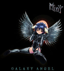 Rule 34 | 1girl, album cover, animal ears, blue hair, boots, character name, copyright name, cover, galaxy angel, goth fashion, heavy metal, judas priest, kaiga, leotard, metal, mint blancmanche, non-web source, parody, short hair, solo, thigh boots, thighhighs, wings, yellow eyes
