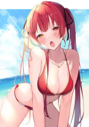 Rule 34 | 1girl, all fours, beach, bikini, black ribbon, blue sky, blush, breasts, cleavage, cloud, cloudy sky, collarbone, earrings, eyelashes, feet out of frame, hair over shoulder, hair ribbon, heterochromia, highres, hololive, houshou marine, houshou marine (summer), jewelry, large breasts, lens flare, long hair, naughty face, necklace, official alternate costume, open mouth, red bikini, red eyes, red hair, ribbon, shadow, shiny skin, sidelocks, sky, solo, swimsuit, thighs, twintails, virtual youtuber, yellow eyes, yuita (yuita17)