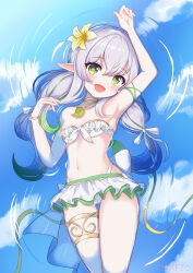 Rule 34 | 1girl, absurdres, breasts, cross-shaped pupils, flower, frilled skirt, frills, genshin impact, green eyes, hair flower, hair ornament, highres, long hair, nahida (genshin impact), open mouth, partially submerged, skirt, small breasts, smile, solo, swimsuit, symbol-shaped pupils, twintails, unishaho, water, white hair, yellow flower