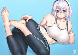 Rule 34 | 1girl, barefoot, blue background, blush, breasts, feet, finalcake, green eyes, hair between eyes, hairband, hololive, large breasts, looking at viewer, mole, mole on breast, pants, shirogane noel, short hair, silver hair, simple background, solo, tank top, toes, virtual youtuber
