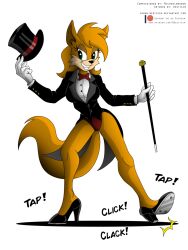 Rule 34 | 1girl, 2019, bare legs, black footwear, borrowed character, bow, bowtie, breasts, buttons, cane, commission, dancing, dress shirt, eyelashes, fox, furry, furry female, gloves, green eyes, grin, half-closed eyes, hat, high heels, highres, holding, holding cane, holding clothes, holding hat, leotard, looking at viewer, niban-destikim, orange fur, original, red bow, red bowtie, red leotard, seductive smile, shiny clothes, shiny footwear, shirt, smile, sound effects, tailcoat, top hat, white gloves, white shirt