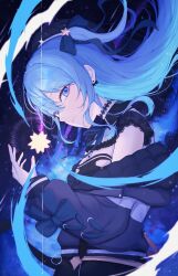 Rule 34 | 1girl, alternate costume, alternate hairstyle, black choker, black dress, blue eyes, blue jacket, blue ribbon, bow, bow earrings, choker, closed mouth, collared dress, colored inner hair, dress, earrings, fingernails, galaxy, hair ribbon, highres, hololive, hoshimachi suisei, hoshimachi suisei (streetwear), jacket, jewelry, lace, lace choker, lace sleeves, long hair, long sleeves, looking at viewer, multicolored hair, nail polish, neck ribbon, nolc, official alternate costume, official alternate hairstyle, one side up, pink nails, quilted jacket, ribbon, short dress, short sleeves, solo, star (sky), star (symbol), star in eye, swept bangs, symbol in eye, two-sided fabric, two-sided jacket, virtual youtuber