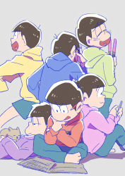 Rule 34 | 10s, 6+boys, brown hair, cat, cellphone, glowstick, grey background, hand on own chin, hastune, heart, heart in mouth, hood, hoodie, indian style, lying, male focus, matsuno choromatsu, matsuno ichimatsu, matsuno jyushimatsu, matsuno karamatsu, matsuno osomatsu, matsuno todomatsu, multiple boys, object behind ear, on back, osomatsu-kun, osomatsu-san, osomatsu (series), pencil, pencil behind ear, phone, sextuplets, shorts, simple background, sitting, sleeves past wrists, smartphone, stroking own chin, tongue, tongue out