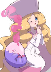 Rule 34 | 1girl, ;o, absurdres, blonde hair, blue eyes, caitlin (pokemon), creatures (company), dress, game freak, gen 5 pokemon, hat, highres, long hair, long sleeves, looking at viewer, musharna, nintendo, one eye closed, open mouth, own hands together, pink dress, pink headwear, pokemon, pokemon (creature), pokemon bw, sheyona, very long hair, white background