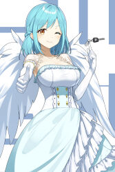 Rule 34 | 1girl, absurdres, blue hair, breasts, cleavage, dress, feathered wings, gloves, highres, large breasts, looking at viewer, moira (nijisanji), mole, mole under mouth, multicolored clothes, multicolored dress, mytea (soso), nijisanji, off shoulder, smile, virtual youtuber, white dress, white gloves, wings, yellow eyes