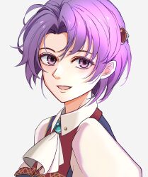 Rule 34 | 1girl, brooch, curtained hair, eiyuu densetsu, hair ornament, hairpin, highres, jewelry, kloe rinz, looking at viewer, open mouth, portrait, purple eyes, purple hair, riwancece 428, short hair, simple background, smile, solo, sora no kiseki, upper body, white background