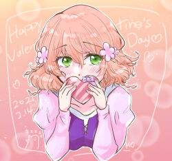 Rule 34 | 1girl, blush, box, braid, character request, commentary request, dated, flower, green eyes, hair between eyes, hair flower, hair ornament, happy valentine, heart-shaped box, highres, holding, holding box, long bangs, looking at viewer, moko (gumaguma m), pink background, pink flower, pink hair, pink skirt, purple shirt, raglan sleeves, ragnarok masters, ragnarok online, shirt, short hair, skirt, solo, two-tone shirt, upper body