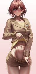 Rule 34 | 1girl, abs, blush, breasts, brown hair, brown jacket, brown shorts, clothes lift, clothes pull, cow, dars, full-face blush, gradient background, groin, highres, higuchi madoka, idolmaster, idolmaster shiny colors, jacket, lifted by self, long hair, looking at viewer, medium breasts, mole, mole under eye, pulled by self, red eyes, shirt, shirt lift, short hair, shorts, shorts pull, simple background, solo, suwa763, thigh gap, yellow shirt