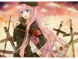 Rule 34 | 1girl, armband, bad id, bad pixiv id, blue eyes, gloves, hat, long hair, megurine luka, microphone, mikipa, military, military uniform, necktie, open mouth, pink hair, solo, uniform, very long hair, vocaloid