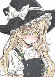 Rule 34 | 1girl, black hat, black vest, blonde hair, blush, bow, braid, closed mouth, commentary request, deal360acv, flying sweatdrops, green bow, hat, hat bow, highres, kirisame marisa, long hair, looking at viewer, puffy short sleeves, puffy sleeves, shirt, short sleeves, simple background, single braid, solo, sweatdrop, touhou, upper body, vest, white background, white bow, white shirt, witch hat, yellow eyes