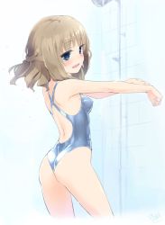 Rule 34 | 1girl, ass, blue eyes, blue one-piece swimsuit, blush, brown hair, competition swimsuit, cowboy shot, cropped legs, flat ass, from behind, from side, half updo, highres, homura subaru, looking at viewer, one-piece swimsuit, open mouth, original, short hair, showering, solo, swimsuit