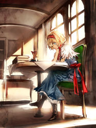 Rule 34 | 1girl, alice margatroid, blonde hair, blue dress, blue eyes, book stack, capelet, chair, dress, hairband, kozou (soumuden), sash, shanghai doll, sitting, solo, table, touhou, window