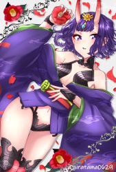 Rule 34 | 1girl, bare shoulders, blush, bob cut, breasts, bridal gauntlets, camellia, collarbone, commentary, cowboy shot, eyeliner, fate/grand order, fate (series), fingernails, flower, hand on own stomach, hand up, headpiece, highres, holding, holding flower, horns, japanese clothes, kimono, long sleeves, looking at viewer, lying, makeup, navel, obi, off shoulder, on back, oni, open mouth, petals, pointy ears, purple eyes, purple hair, purple kimono, revealing clothes, sash, short eyebrows, short hair, shuten douji (fate), siratama0629, skin-covered horns, small breasts, solo, symbol-only commentary, thigh gap, thighhighs, thighs, twitter username, wide sleeves
