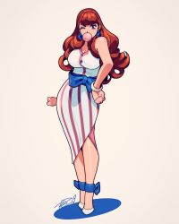 Rule 34 | 1girl, arm at side, bliss barson, blue bow, blue eyes, bow, breasts, brown hair, blowing bubbles, chewing gum, cleavage, commentary, cryamore, curly hair, english commentary, eyelashes, eyeliner, eyeshadow, fashion, full body, hand on own hip, highres, large breasts, long hair, long skirt, makeup, making-of available, mole, mole under eye, one eye closed, robaato, simple background, skirt, solo, striped clothes, striped skirt, vertical-striped clothes, vertical-striped skirt
