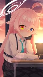 Rule 34 | 1girl, ahoge, blue archive, blue eyes, blush, collared shirt, desk, gloves, hair flaps, halo, hand on own cheek, hand on own face, heterochromia, highres, hoshino (blue archive), long hair, looking at viewer, mochalens, necktie, nose blush, pink hair, plaid, plaid skirt, shirt, sitting, skirt, solo, sunset, window, yellow eyes