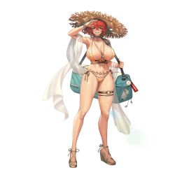 Rule 34 | 1girl, 2v (joyeong), armpits, bag, bag charm, bare shoulders, belt, bikini, blush, bracelet, breasts, brown collar, cellphone, character name, charm (object), collar, covered erect nipples, dog tags, earphones, earrings, fang, feet, fingernails, front-tie bikini top, front-tie top, full body, gold nails, groin tendon, hair between eyes, hand up, hat, highres, holding, holding bag, hoop earrings, huge breasts, jewelry, last origin, legs, lips, logo, looking at viewer, micro bikini, mole, mole on breast, multicolored bikini, multicolored clothes, nail polish, nashorn (last origin), navel, necklace, o-ring, o-ring belt, o-ring thigh strap, official alternate costume, official art, orange bikini, orange eyes, orange nails, parted lips, phone, red hair, sandals, see-through shawl, shawl, shell, shell necklace, shiny skin, short hair, shoulder bag, side-tie bikini bottom, simple background, skindentation, smartphone, smile, solo, standing, stomach, strappy heels, striped bikini, striped clothes, sun hat, swimsuit, tachi-e, teeth, thick thighs, thigh strap, thighs, third-party source, toeless footwear, toenails, toes, torn clothes, torn hat, transparent background, white bikini, white shawl