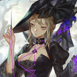 Rule 34 | 1girl, bare tree, black choker, black hat, blonde hair, blue flower, blue rose, breasts, choker, cleavage, closed mouth, collarbone, cropped, dosol, flower, frills, green eyes, hat, highres, holding, holding needle, medium hair, needle, original, petals, puffy sleeves, purple flower, purple rose, rose, solo, string, tree, upper body