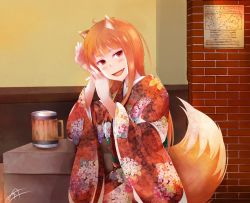 Rule 34 | 1girl, :d, alternate costume, animal ears, beer mug, blush, brick wall, brown hair, cup, fang, floral print, fudo shin, holo, indoors, japanese clothes, kimono, long hair, long sleeves, looking at viewer, mug, open mouth, print kimono, red eyes, red kimono, signature, smile, solo, spice and wolf, straight hair, tail, very long hair, wide sleeves, wolf ears, wolf tail