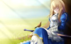 Rule 34 | 1girl, ahoge, armor, armored dress, artist request, artoria pendragon (fate), avalon (fate/stay night), bird, blonde hair, excalibur (fate/stay night), closed eyes, fate/stay night, fate (series), gauntlets, hair down, long hair, qiuzhi huiyi, saber (fate), sheath, sheathed, sleeping, smile, solo, sunlight, sword, weapon
