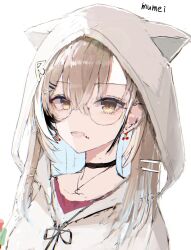 Rule 34 | 1girl, animal hood, berry, black choker, brown eyes, brown hair, brown hoodie, choker, earrings, ears through headwear, food-themed earrings, hair ornament, hairclip, highres, hololive, hololive english, hood, hood up, hoodie, hurybone, jewelry, long hair, looking at viewer, mouth hold, multicolored hair, nanashi mumei, nanashi mumei (casual), necklace, official alternate costume, oversized clothes, red shirt, shirt, sketch, stalk in mouth, streaked hair, sweater, virtual youtuber, white sweater