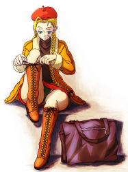 Rule 34 | 1girl, ahoge, alternate costume, antenna hair, bag, bare legs, blonde hair, blue eyes, boots, braid, cammy white, capcom, casual, coat, cross-laced footwear, green panties, handbag, huge ahoge, johnny olm, knee boots, knee up, lace-up boots, long hair, looking down, miniskirt, open clothes, open coat, panties, pantyshot, scar, shoes, sitting, skirt, solo, street fighter, turtleneck, twin braids, tying shoes, underwear, upskirt