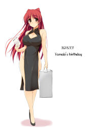 Rule 34 | 1girl, bare hips, black eyes, blush, breasts, china dress, chinese clothes, cleavage, cleavage cutout, clothing cutout, dress, earrings, female focus, full body, happy birthday, jewelry, kousaka tamaki, large breasts, long hair, red hair, side slit, simple background, solo, standing, to heart (series), to heart 2, very long hair, white background, zekkyon