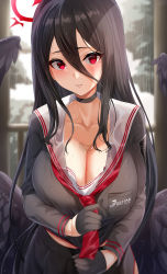 Rule 34 | 1girl, absurdres, black choker, black gloves, black hair, black shirt, blouse, blue archive, blurry, blurry background, blush, breasts, bust cup, choker, cleavage, collarbone, commentary request, gloves, grey shirt, grey skirt, hair between eyes, halo, hasumi (blue archive), highres, hotate-chan, huge filesize, indoors, large breasts, long hair, long sleeves, looking at viewer, midriff peek, mole, mole under eye, neckerchief, parted lips, pleated skirt, pulling, railing, rain, red eyes, red neckerchief, school uniform, serafuku, shirt, skirt, snow, solo, upper body, wet, window, wings