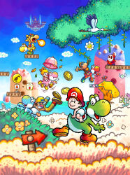 Rule 34 | absurdres, baby bowser, baby donkey kong, baby mario, baby peach, baby wario, bird, blue sky, boots, bowser, breath weapon, breathing fire, brown footwear, coin, crown, diaper, donkey kong, fire, fireball, flower, green footwear, hat, highres, magnet, mario, mario (series), nintendo, official art, open mouth, parasol, plant, princess peach, red headwear, shy guy, sky, stork, stork (yoshi&#039;s island), teeth, umbrella, vines, wario, yellow footwear, yellow headwear, yoshi, yoshi&#039;s island ds