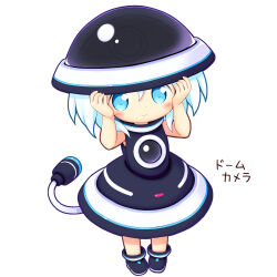 Rule 34 | 1girl, aikei ake, bare arms, black dress, black footwear, black hat, blue eyes, chibi, dress, full body, hands on headwear, hands up, hat, highres, original, personification, shoes, simple background, sleeveless, sleeveless dress, solo, standing, translation request, white background, white hair