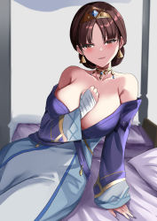 Rule 34 | 1girl, absurdres, bare shoulders, blush, breasts, brown eyes, brown hair, choker, commentary request, dunyarzad (genshin impact), earrings, genshin impact, highres, jewelry, large breasts, light smile, on bed, short hair, sitting, solo, tian kazuki, tiara