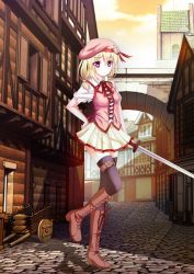 Rule 34 | 1girl, arch, artistic error, bad id, bad pixiv id, bad scale, black thighhighs, blonde hair, boots, cart, city, cross-laced footwear, day, full body, hand on own hip, hat, highres, holding, holding sword, holding weapon, knee boots, looking at viewer, medium hair, outdoors, pink eyes, pink footwear, pink hat, sasada, shadow, skirt, sky, solo, standing, sword, thigh strap, thighhighs, weapon, yellow skirt, yellow sky