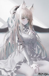 Rule 34 | 1girl, alternate eye color, alternate hair color, animal ear fluff, animal ears, arknights, artist name, blemishine (arknights), blunt bangs, breasts, ceey, commentary, dress, grey eyes, hand on own chest, large breasts, long hair, long sleeves, looking at viewer, pantyhose, short dress, silver hair, solo, very long hair, white dress, white pantyhose