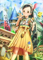 Rule 34 | 1girl, aiuabo, animal, animal ears, back bow, banner, bell, black eyes, black hair, bow, castle, cheese, chipmunk, commentary request, day, fake animal ears, flute, food, hakama, hakama skirt, hamster, highres, holding, holding flute, holding instrument, instrument, japanese clothes, jingle bell, kimono, long hair, looking at viewer, mouse (animal), mouse ears, music, nail polish, no bangs, original, outdoors, pennant, playing instrument, recorder, red nails, short sleeves, skirt, solo, squirrel, tassel, very long hair, wand, yellow hakama