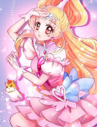 Rule 34 | 1girl, :o, blonde hair, cowboy shot, cure tomorrow, dot nose, dress, earrings, hair ornament, half updo, hamster, harryham harry, heart, heart hair ornament, high ponytail, hug-tan (precure), hugtto! precure, jewelry, komanana320, layered dress, light particles, long hair, looking at viewer, magical girl, open mouth, pink background, precure, puffy sleeves, red eyes, short dress, sparkle, white dress, white wrist cuffs, wrist cuffs