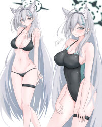 Rule 34 | absurdres, animal ear fluff, animal ears, bikini, black bikini, black halo, black one-piece swimsuit, blue archive, blue eyes, breasts, commentary request, competition swimsuit, covered navel, cowboy shot, cross hair ornament, extra ears, feet out of frame, grey hair, hair ornament, halo, highres, kote (kote arcive), large breasts, long hair, medium breasts, medium hair, mismatched pupils, multicolored clothes, multicolored swimsuit, official alternate costume, one-piece swimsuit, shiroko (blue archive), shiroko (swimsuit) (blue archive), shiroko terror (blue archive), simple background, standing, swimsuit, very long hair, white background, wolf ears