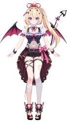 Rule 34 | 1girl, absurdres, bandaged leg, bandages, black bow, black shirt, black shorts, black tail, black wrist cuffs, blonde hair, bow, breasts, cleavage, clothing cutout, demon girl, demon horns, demon tail, demon wings, detached collar, fang, footwear bow, full body, garter straps, hair bow, hair bun, hair ornament, hair ribbon, heart cutout, heart o-ring, highres, horns, knees together feet apart, livia (stardust project), long hair, looking at viewer, micro shorts, multicolored hair, navel cutout, o-ring, o-ring thigh strap, official art, overskirt, pink hair, pink ribbon, pink wings, pubic tattoo, puffy short sleeves, puffy sleeves, purple bow, purple eyes, red footwear, red skirt, ribbon, see-through, see-through shirt, shirt, short sleeves, shorts, side ponytail, single thighhigh, skindentation, skirt, smile, solo, standing, star (symbol), star hair ornament, stardust project, straight-on, streaked hair, tachi-e, tail, tattoo, thigh strap, thighhighs, toeless footwear, torn clothes, torn thighhighs, transparent background, virtual youtuber, white thighhighs, wings, wrist cuffs