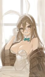 Rule 34 | 1girl, absurdres, adjusting eyewear, akane (blue archive), akane (bunny) (blue archive), animal ears, aqua bow, aqua bowtie, arch 05x, black-framed eyewear, blue archive, blush, bow, bowtie, breasts, brown eyes, brown hair, brown shawl, cleavage, curtains, detached collar, fake animal ears, glasses, gloves, hair between eyes, hand on eyewear, highres, indoors, large breasts, leotard, light brown hair, looking at viewer, no halo, official alternate costume, pantyhose, plaid shawl, playboy bunny, rabbit ears, shawl, smile, solo, strapless, strapless leotard, white gloves, white leotard, white pantyhose, window