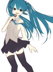 Rule 34 | 1girl, absurdres, aqua eyes, aqua hair, black thighhighs, cowboy shot, hatsune miku, highres, long hair, looking at viewer, microphone, necktie, open mouth, riuichi, simple background, skirt, sleeveless, smile, solo, thighhighs, twintails, very long hair, vocaloid, white background