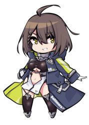 Rule 34 | 1girl, ahoge, azur lane, baltimore (azur lane), black thighhighs, blue coat, braid, breasts, brown hair, chibi, clenched hand, clothing cutout, coat, commentary, french braid, full body, garter straps, gloves, grin, hair between eyes, hood, hood down, hooded coat, large breasts, leotard, long sleeves, looking to the side, multicolored coat, navel, navel cutout, open clothes, open coat, pelvic curtain, rudder footwear, shirt, short hair, sidelocks, simple background, smile, solo, standing, stomach cutout, sugoidere, taut clothes, thighhighs, transparent background, underboob, underboob cutout, white background, white gloves, white leotard, yellow eyes, zipper pull tab