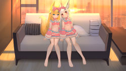 Rule 34 | 2girls, absurdres, animal ear fluff, animal ears, aosora (897791568), barefoot, belt, blonde hair, blue eyes, blunt bangs, bow, couch, detached sleeves, feet, fox ears, fox girl, fox tail, hair bow, highres, holding hands, indoors, legs, long hair, midriff, miniskirt, multiple girls, navel, open mouth, original, pillow, pink shirt, pink skirt, pink sleeves, red eyes, ribbon, shirt, silver hair, sitting, skirt, smile, sunset, table, tail, thighs, toes, window