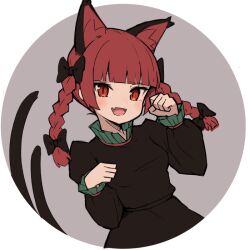 Rule 34 | 1girl, aki inu, animal ears, black dress, blunt bangs, cat ears, cat girl, cat tail, clenched hands, dress, extra ears, fang, grey background, kaenbyou rin, long sleeves, multiple tails, nekomata, open mouth, red eyes, simple background, skin fang, slit pupils, solo, tail, touhou, two tails, upper body